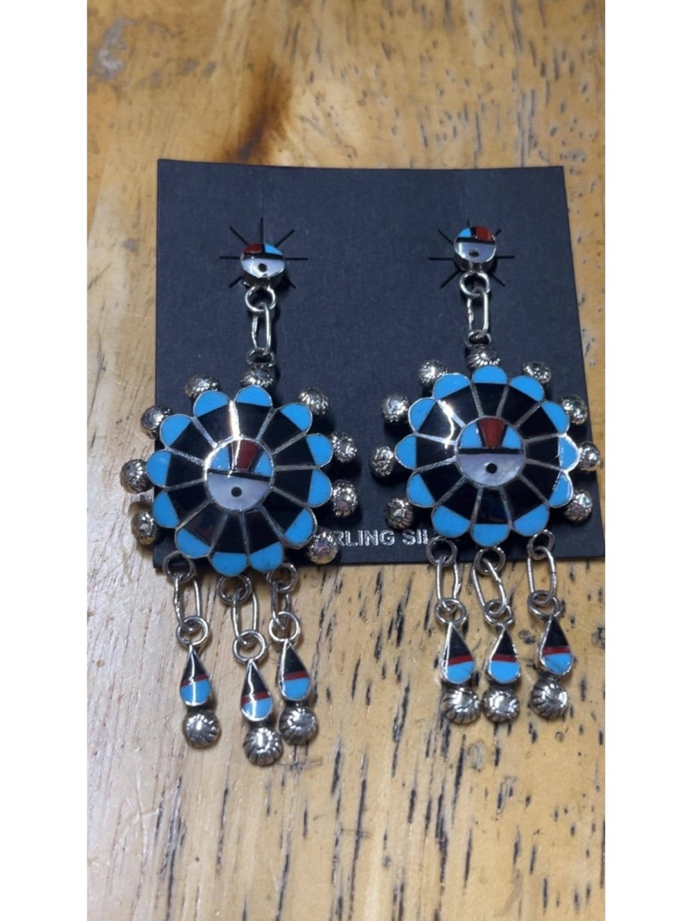Zuni sterling silver turquoise, mother of pearl, onyx inlay traditional sunface